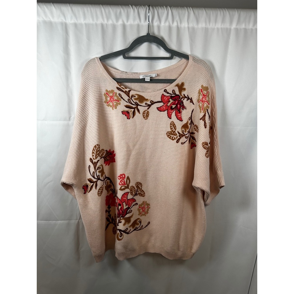 Chicos Floral Embroidered Ribbed Knit Cotton Sweater Peach XXL Size 4